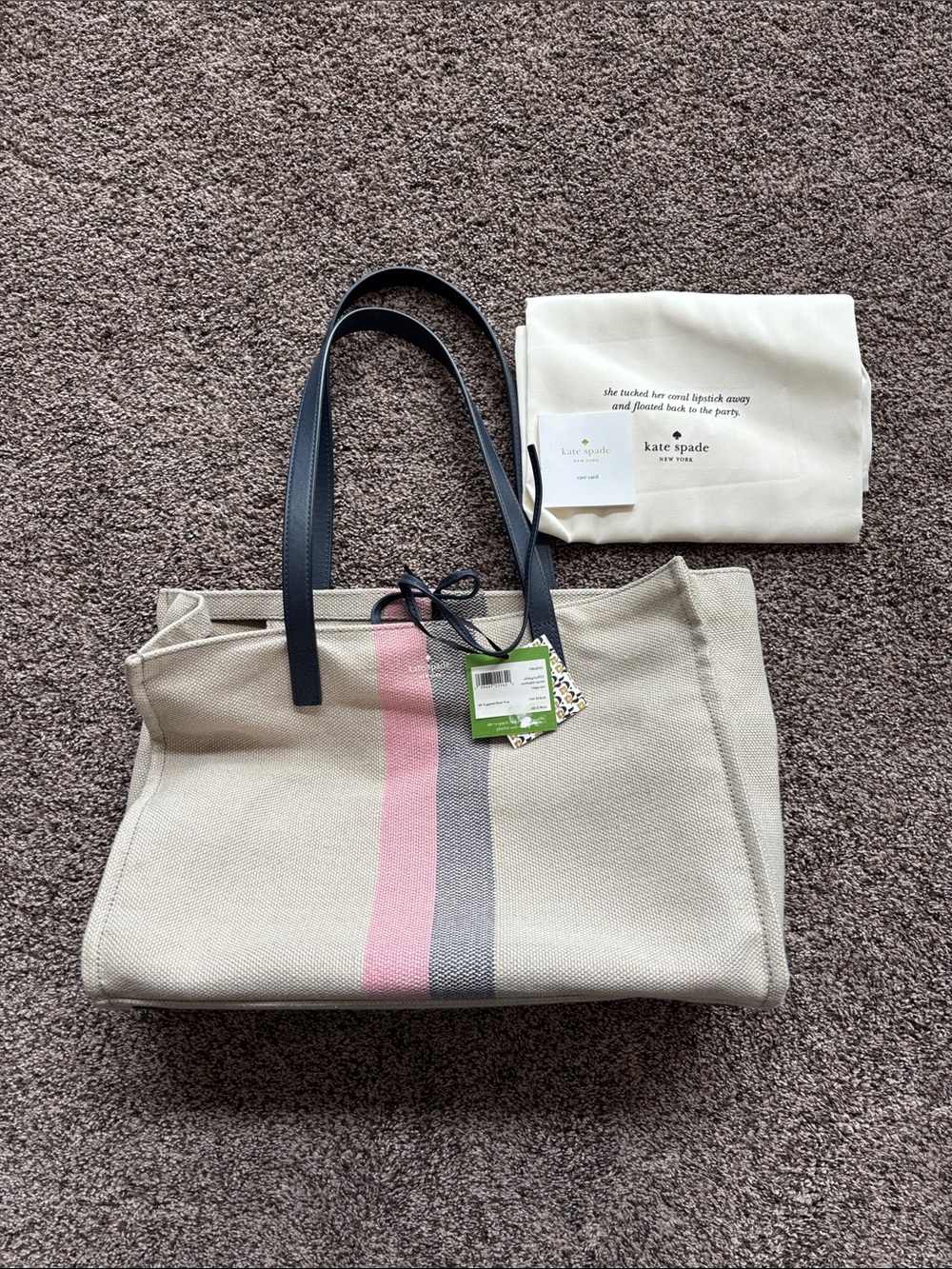 NWT Kate Spade Canvas Tote with Pink and Navy Stripes and Navy Leather Handles